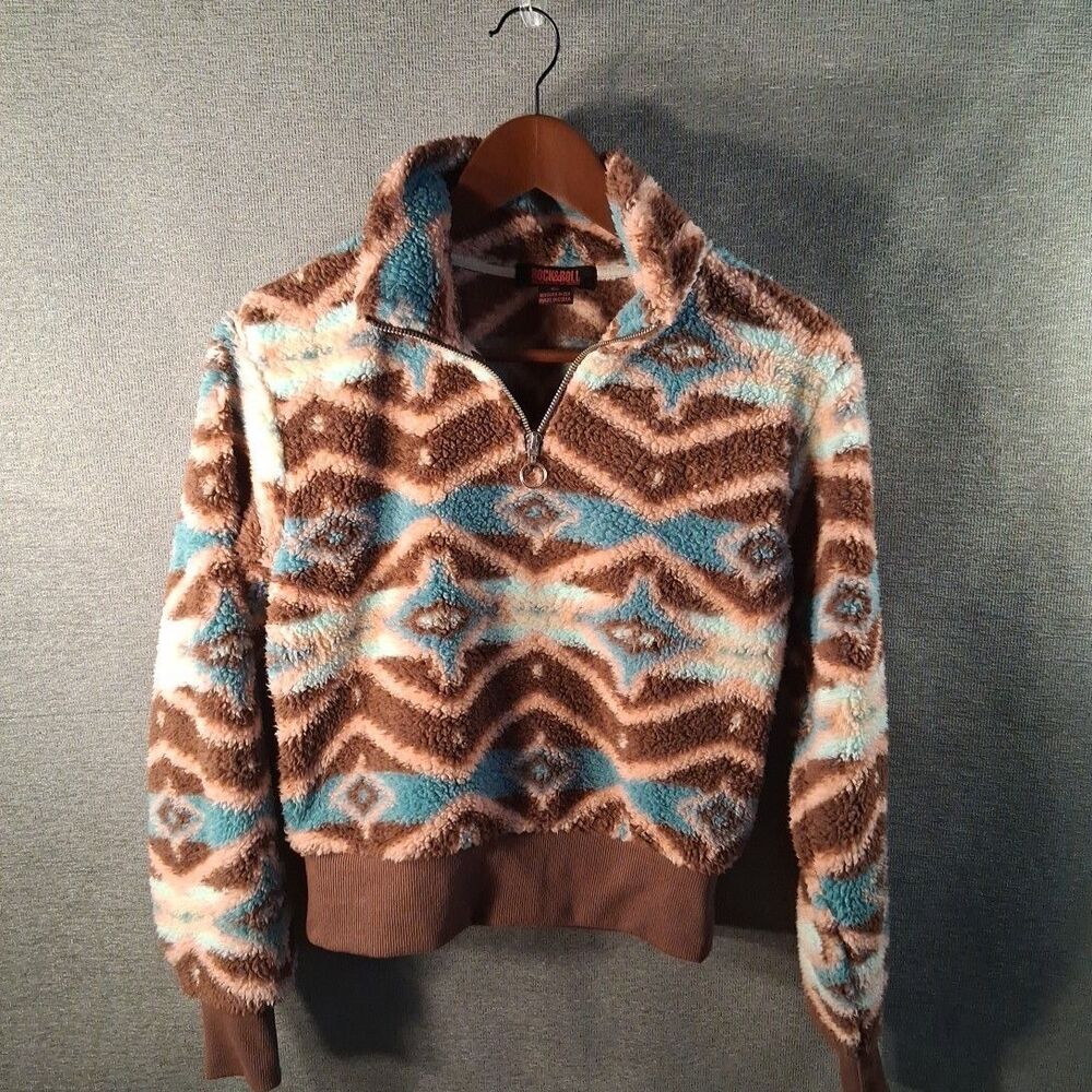 Rock & Roll Denim Brown Turquoise Aztec Sherpa Fleece 1/4 Zip Pullover Sweater S